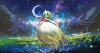 :o artist_request bob_cut full_body gardevoir gen_3_pokemon glowing grass highres mega_gardevoir mega_pokemon nintendo non-web_source official_art outdoors outstretched_arms pink_eyes pokemon pokemon_(creature) sky solo