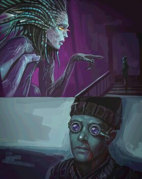 1boy 1girl absurdres artificial_eye balcony beanie blade_runner_(series) blade_runner_2049 cyborg goslingposting_(meme) hat highres index_finger_raised mechanical_eye meme movie_reference nictanova railing system_shock you_look_lonely_(meme)