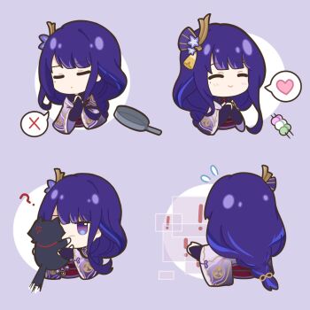 1girl ? anger_vein animal animalization black_bridal_gauntlets black_cat black_shrug blunt_bangs braid bridal_gauntlets cat cheek_squash closed_eyes closed_mouth electro_symbol_(genshin_impact) error_message facing_to_the_side fan_hair_ornament flying_sweatdrops frying_pan gem genshin_impact gold_trim hair_ornament hand_up hands_on_own_chest hashtag-only_commentary heart highres holding holding_animal holding_cat japanese_clothes kimono light_blush long_hair long_single_sidelock low-braided_long_hair low-tied_long_hair mitsudomoe_(shape) mole mole_under_eye multicolored_hair open_hand purple_gem purple_hair purple_kimono raiden_shogun scaramouche_(cat)_(genshin_impact) scaramouche_(genshin_impact) shrug_(clothing) smile solo spoken_heart spoken_x streaked_hair swept_bangs tassel tassel_hair_ornament tomoe_(symbol) vision_(genshin_impact) wide_sleeves youtho