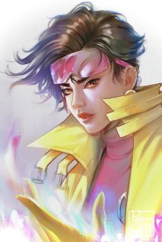1girl brown_eyes brown_hair coat eyewear_on_head gloves highres jubilee looking_at_viewer marvel open_clothes open_coat papurrcat pink-tinted_eyewear pink_shirt shirt short_hair solo tinted_eyewear x-men yellow_coat yellow_gloves