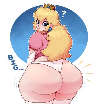 1girl ? ass blonde_hair blue_eyes crown dabble dress earrings elbow_gloves gloves highres huge_ass jewelry lips long_hair mario_(series) nintendo panties pink_dress princess_peach sphere_earrings super_mario_bros._1 thick_thighs thighhighs thighs underwear white_background white_gloves white_panties