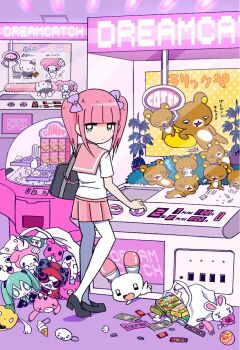 1girl 2channel animal arcade bag banknote black_footwear black_hair blossom_(ppg) blunt_bangs bow bush can candy candy_bar charm_(object) coin crane_game dollar_bill drink_can ezaki_bisuko food giko hatsune_miku hello_kitty_(character) highres lollipop menhera-chan_(ezaki_bisuko) menhera-chan_(ezaki_bisuko)_(character) money my_melody my_melody_(series) pink_hair pink_sailor_collar pink_skirt pink_theme plant pleated_skirt powerpuff_girls purple_bow rabbit sailor_collar sanrio school_uniform serafuku shii skirt soda_can solo standing stuffed_animal stuffed_toy syringe thighhighs tissue usatan vocaloid white_serafuku white_thighhighs