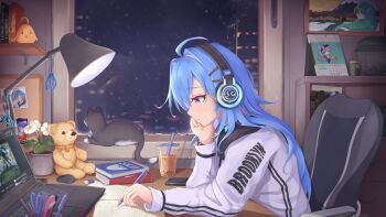 1girl absurdres alternate_costume azur_lane bell black_cat blue_hair boise_(azur_lane) book bookshelf bubble_tea bulletin_board calendar_(object) cat cellphone chair city city_lights cleveland_(azur_lane) clothes_writing collar commentary computer computer_mouse defensive_skill_book_(azur_lane) desk desk_lamp drawer drinking_straw english_commentary eraser essex_(a_trip_down_route_66)_(azur_lane) essex_(azur_lane) flower from_side hair_ornament headphones helena_(azur_lane) highres indoors jingle_bell kyl490 lamp laptop left-handed lofi_girl_(youtube) long_sleeves manjuu_(azur_lane) night night_sky offensive_skill_book_(azur_lane) official_alternate_costume paper pen pencil phone photo_(object) plant potted_plant scissors sitting sky skyline smartphone solo st._louis_(azur_lane) st._louis_(spirits_in_the_snow)_(azur_lane) stuffed_animal stuffed_toy sweater table teddy_bear white_sweater window wireless_mouse xenoblade_chronicles_(series) xenoblade_chronicles_x youtube