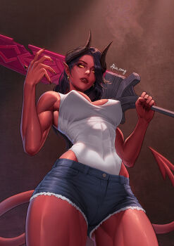 Rule 34 | 1girl, abs, akio sang, artist name, black hair, breasts, colored sclera, colored skin, covered abs, covered erect nipples, cowboy shot, demon girl, demon horns, demon tail, denim, denim shorts, dispatch, earrings, eyelashes, fingernails, from below, gold earrings, hair over one eye, highres, holding, holding sword, holding weapon, horns, jewelry, large breasts, leotard, leotard under clothes, long hair, looking at viewer, malevola (dispatch), muscular, muscular arms, muscular female, muscular legs, nail polish, parted lips, prehensile tail, red lips, red skin, sharp fingernails, short shorts, shorts, skin tight, solid eyes, sword, tail, thick thighs, thighs, tight clothes, veins, veiny arms, weapon, white leotard, yellow sclera