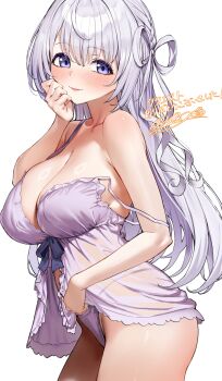 1girl absurdres asymmetrical_hair babydoll blush bow-shaped_hair braid breasts camisole cleavage commentary commission cowboy_shot cowlick frilled_babydoll frilled_camisole frills from_side grey_hair hand_on_own_cheek hand_on_own_face highres indie_virtual_youtuber large_breasts long_hair looking_at_viewer naito_mare_(vtuber) panties panties_visible_through_clothes parted_lips purple_babydoll purple_camisole purple_eyes purple_panties raag_jp see-through_clothes signature simple_background skeb_commission smile solo standing strap_slip translated underwear virtual_youtuber white_background
