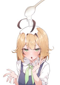 absurdres ahoge airenif blonde_hair blush bow dooby dooby_(1st_costume) green_eyes highres indie_virtual_youtuber liquid overalls virtual_youtuber