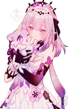 1girl animal animalization bow bright_pupils butterfly_wings castorice_(butterfly_cake)_(honkai:_star_rail) castorice_(honkai:_star_rail) chimera_(honkai:_star_rail) commentary_request creature dress elbow_gloves flower gloves gradient_hair highres holding holding_creature honkai:_star_rail honkai_(series) horns insect_wings light_blush light_smile long_hair multicolored_hair one_eye_closed person_and_animalization pointy_ears pomemaru_pome purple_hair ribbon single_horn tiara very_long_hair white_dress wings