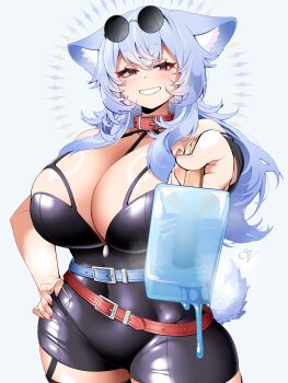 1girl absurdres animal_ear_fluff animal_ears bare_shoulders belt belt_buckle belt_collar black_dress blue_hair blush breasts buckle collar commentary commission cowboy_shot double-parted_bangs dress eyewear_on_head food grin hair_between_eyes hand_on_own_hip highres holding holding_food holding_popsicle huge_breasts incoming_gift long_hair looking_at_viewer melting_popsicle original popsicle red_belt red_collar red_eyes saltnvalk simple_background smile solo sunglasses symbol-only_commentary tail vgen_commission white_background