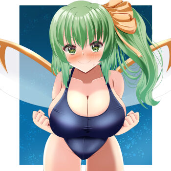 1girl absurdres blue_background blue_one-piece_swimsuit bow breasts cleavage commentary_request cowboy_shot daiyousei fairy_wings green_eyes green_hair hair_bow hair_ribbon highres large_breasts long_hair musi_tino new_school_swimsuit one-piece_swimsuit ribbon school_swimsuit side_ponytail smile swimsuit touhou white_background wings yellow_bow