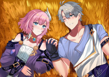 1boy 1girl ahoge armband bare_shoulders black_gloves blue_eyes blue_sealad blush caelus_(honkai:_star_rail) commentary cyrene_(honkai:_star_rail) english_commentary fingerless_gloves gloves green_eyes grey_hair highres holding_hands honkai:_star_rail honkai_(series) long_hair looking_at_another lying official_alternate_costume on_back on_grass one_eye_closed pink_hair short_hair smile strap teeth trailblazer_(honkai:_star_rail)