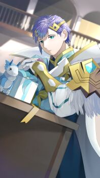 1boy blue_eyes box fire_emblem fire_emblem_heroes gift gift_box highres hrid_(fire_emblem) ikura_(downdexp) looking_at_viewer nintendo purple_hair stuffed_toy