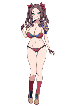 1girl alternate_breast_size blue_eyes blush boots breasts brown_boots brown_gloves brown_hair cleavage fate/grand_order fate_(series) fingerless_gloves forehead full_body gloves gluteal_fold grin hair_ribbon highres kneehighs large_breasts leonardo_da_vinci_(fate) leonardo_da_vinci_(fate/grand_order) leonardo_da_vinci_(rider)_(fate) leonardo_da_vinci_(swimsuit_ruler)_(fate) long_hair looking_at_viewer muta_poo navel parted_bangs red_ribbon red_socks ribbon sidelocks smile socks solo sweatdrop thigh_gap twintails