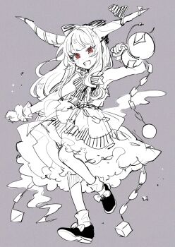 1girl ball_and_chain_restraint blush bow bowtie commentary_request gourd grey_background greyscale hair_bow holding holding_gourd horn_ornament horn_ribbon horns ibuki_suika long_hair looking_at_viewer monochrome mozukuzu_(manukedori) oni red_eyes ribbon shirt shoes simple_background sketch skirt smile socks solo spot_color touhou very_long_hair wrist_cuffs