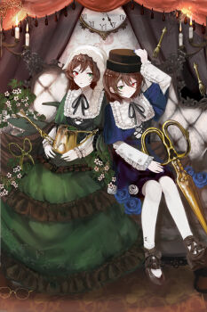 2girls absurdres adjusting_clothes adjusting_headwear amazu_(uzu_amazu) arm_up black_bow black_corset black_hat black_ribbon black_shoes blue_flower blue_nails blue_rose blue_shorts bow brown_hair candle clock closed_mouth collared_dress commentary_request corset couch dress fingernails flower fork frilled_dress frilled_shirt_collar frilled_sleeves frills green_dress green_eyes green_nails hand_on_own_thigh hands_on_own_thighs hat headscarf heterochromia high_heels highres indoors lappet layered_sleeves long_dress long_hair long_sleeves looking_at_viewer looking_down medium_hair multiple_girls neck_ribbon on_couch pantyhose parted_lips red_eyes ribbon rose rozen_maiden scissors shears shoes short_over_long_sleeves short_sleeves shorts siblings sisters sitting souseiseki suiseiseki unworn_eyewear watering_can white_flower white_headscarf white_pantyhose white_rose