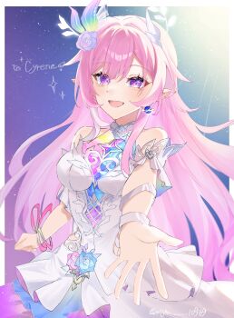 1girl absurdres bare_shoulders border breasts character_name commentary_request cyrene_(honkai:_star_rail) cyrene_(ripples_of_past_reverie)_(honkai:_star_rail) diamond-shaped_pupils diamond_(shape) dress earrings flower hair_flower hair_ornament halo highres honkai:_star_rail honkai_(series) jewelry large_breasts long_hair looking_at_viewer miyu_10969 multicolored_hair pink_hair pointy_ears purple_eyes sky smile solo star_(sky) starry_sky symbol-shaped_pupils twitter_username two-tone_hair very_long_hair white_border white_dress white_hair