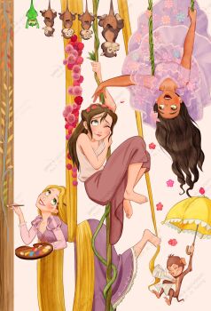 3girls absurdres barefoot black_hair blonde_hair brown_eyes brown_hair brown_skirt crossover d74335631 dress encanto green_eyes highres holding holding_paintbrush holding_umbrella isabela_madrigal jane_porter long_hair long_skirt monkey multiple_girls one_eye_closed paint_palette paintbrush pascal_(tangled) purple_dress rapunzel_(disney) skirt tangled tank_top tarzan_(disney_movie) umbrella upside-down very_long_hair white_tank_top yellow_umbrella
