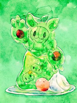 Rule 34 | cherry, diamond mouth, food, fruit, gelatin, gen 5 pokemon, green background, licking lips, nintendo, no humans, non (kumakawayusu), painting (medium), pokemon, pokemon (creature), reuniclus, solid oval eyes, solo, solosis, tongue, tongue out, traditional media, watercolor (medium), whipped cream