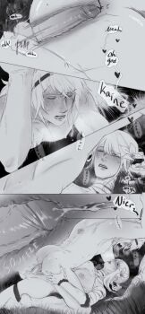 1boy 1girl anal anus ass bandaged_arm bandaged_leg bandaged_neck bandages blush braid braided_hair_rings breasts cum cum_in_ass cum_on_body cum_on_breasts cum_on_upper_body cursoulla ejaculation erection futa_with_male futanari hair_ornament hair_rings handsfree_ejaculation highres kaine_(nier) nier nier_(brother) nier_(brother)_(post_timeskip) nier_(series) nipples nude open_mouth penis prostate sex short_hair sweat testicles thighs white_hair
