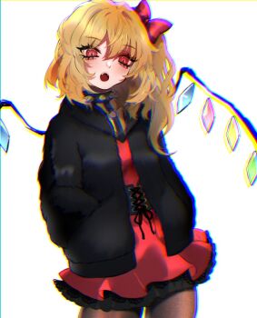 1girl black_jacket black_pantyhose blonde_hair blush bow chromatic_aberration collar contemporary corset cowboy_shot crystal crystal_wings dress flandre_scarlet fur_jacket hair_bow hands_in_pockets heavy_chromatic_aberration highres jacket lace lace-trimmed_dress lace_trim looking_at_viewer neon_(co2co8) open_mouth pantyhose pleated_dress red_dress red_eyes side_ponytail slit_pupils solo spiked_collar spikes standing teeth touhou white_background wings