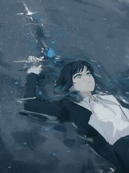 1girl absurdres ado_(utaite) black_hair blue_eyes blue_flower blue_rose chando_(ado) collared_shirt commentary eien_001 english_commentary flower gloves highres long_sleeves lying on_back parted_lips partially_submerged rose shirt solo utaite white_gloves white_shirt