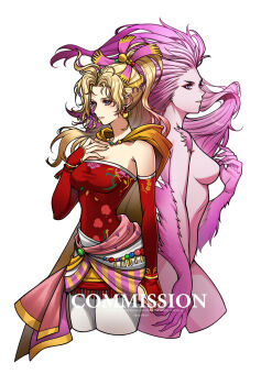 1girl back-to-back bare_shoulders blonde_hair breasts cape claws commission cowboy_shot cropped_legs detached_sleeves dress dual_persona earrings eyeliner final_fantasy final_fantasy_vi hair_bobbles hair_ornament hair_ribbon hand_on_own_chest highres jewelry long_hair lukrevadraws makeup medium_breasts monster_girl pantyhose pink_eyeliner pink_hair pink_ribbon ponytail purple_eyes red_dress red_sleeves ribbon sash short_dress strapless strapless_dress tina_branford trance_terra_branford tube_dress waist_sash white_background white_pantyhose yellow_cape