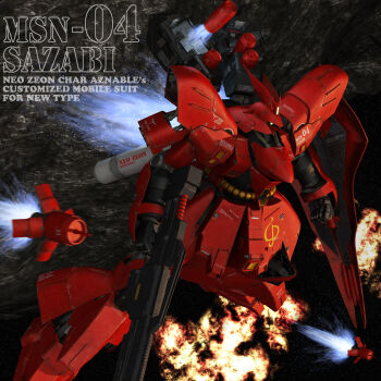 3d battle beam_cannon beam_rifle cable char's_counterattack character_name commentary_request energy_gun english_text explosion funnels_(gundam) gundam highres machinery mecha mecha_focus mobile_suit motion_lines neo_zeon no_humans realistic robot roundel sazabi science_fiction shield space thrusters tomholy weapon zero_gravity