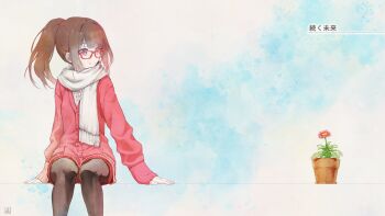 1girl black_pantyhose brown_eyes brown_hair cardigan closed_mouth commentary_request flower flower_pot glasses highres long_sleeves original pantyhose ponytail red-framed_eyewear red_cardigan red_flower scarf shirt signature sitting sleeves_past_wrists smile solo translation_request white_scarf white_shirt yomo_(rb_crr)