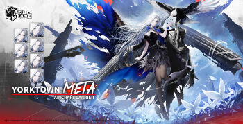 1girl azur_lane bald_eagle bird black_cape black_coat black_dress black_pantyhose blue_eyes blue_flower bracelet cape character_name coat coat_on_shoulders commentary dress eagle english_commentary expression_chart flight_deck flower flower_bracelet full_body highres jacket jacket_on_shoulders jewelry long_hair looking_at_viewer multiple_expressions official_art pantyhose promotional_art rigging second-party_source solo torn_cape torn_clothes torn_dress very_long_hair white_hair yorktown_(azur_lane) yorktown_(meta)_(azur_lane)