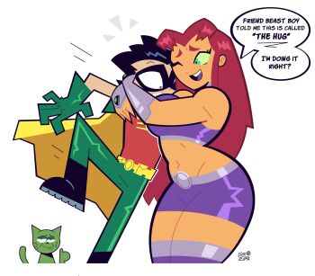 1girl 2boys absurdres animal beast_boy_(dc) black_hair cat commentary dc_comics english_commentary english_text goodbyellow green_eyes highres hug multiple_boys one_eye_closed red_hair robin_(dc) simple_background starfire teen_titans