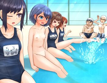 >_< 2boys 4girls arms_up bikini_tan black_eyes black_hair blue_eyes blue_hair blue_male_swimwear blue_one-piece_swimsuit blue_school_swimsuit blue_swim_trunks blush breasts brown_hair chestnut_mouth cleft_of_venus clothed_female_nude_female clothed_male_nude_female collarbone completely_nude day ear_blush ears embarrassed exhibitionism fat fat_man feet_in_water fence goggles goggles_on_head hair_between_eyes highres humiliation japanese_text kunimoto_ichika_(mahorama18) loli looking_at_another mahorama18 male_swimwear matching_hair/eyes medium_hair multiple_boys multiple_girls name_tag navel new_school_swimsuit nipples nose_blush nude one-piece_swimsuit one_eye_closed open_mouth original pointing ponytail pool poolside public_indecency purple_eyes purple_hair pussy raised_eyebrows red_hair school_swimsuit short_hair sidelocks sitting sky small_breasts small_nipples splashing swim_cap swim_trunks swimsuit tan tanline teeth thighs topless_male water window