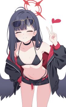 1girl absurdres bare_shoulders belt bikini bikini_bottom_under_shorts bikini_under_clothes black_bikini black_hair black_jacket black_shorts blue_archive blush breasts cinamon_(cinamori) closed_eyes closed_mouth collarbone commentary eyewear_on_head facing_viewer halo hand_on_own_hip hand_up heart highres ichika_(blue_archive) ichika_(swimsuit)_(blue_archive) jacket leaning_forward long_hair long_sleeves low_wings navel off_shoulder official_alternate_costume open_clothes open_fly open_shorts red_belt red_halo short_shorts shorts simple_background small_breasts smile solo standing stomach string_bikini sunglasses swimsuit thighs two-sided_fabric two-sided_jacket v very_long_hair white_background wings yellow-framed_eyewear