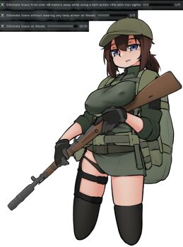 1girl armedshipyard backpack bag baseball_cap blue_eyes brown_hair covered_erect_nipples escape_from_tarkov expressionless gloves gun hat holding holding_gun holding_weapon lisa_(armedshipyard) looking_at_viewer military military_uniform no_bra panties ponytail simple_background soldier thighhighs underwear weapon