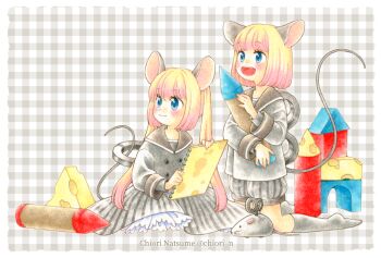 2girls blonde_hair blue_eyes blush cheese chinese_zodiac chiori_n colored_pencil_(medium) commentary_request dress food full_body jacket kneeling long_hair looking_to_the_side mouse_girl mouse_tail multiple_girls open_mouth original short_hair shorts sitting smile tail traditional_media twintails winding_key year_of_the_rat