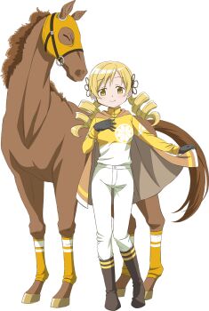 1girl black_boots black_gloves blonde_hair boots brown_cape cape commentary_request drill_hair gloves hand_on_own_chest horse jockey long_hair looking_at_viewer mahou_shoujo_madoka_magica netkeibatv official_alternate_costume official_art pants racing_colors smile tomoe_mami transparent_background twin_drills twintails white_pants yellow_eyes