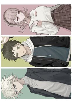 Rule 34 | 1girl, 2boys, breasts, brown hair, commentary request, danganronpa (series), danganronpa 2: goodbye despair, dontsu (illu5i0ns), flipped hair, grey hair, grey sweater, hair between eyes, hair ornament, highres, hinata hajime, jacket, komaeda nagito, long sleeves, looking at viewer, medium hair, messy hair, multiple boys, nanami chiaki, open clothes, open jacket, pink eyes, pleated skirt, shirt, short hair, skirt, smile, sweater, white shirt