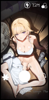 Rule 34 | 1girl, arm support, barefoot, black border, blonde hair, border, bottomless, breasts, cleavage, collarbone, commentary, covered erect nipples, electric fan, english commentary, enid (tagua), eyes visible through hair, from above, futanari, highres, large breasts, large penis, long hair, looking at viewer, original, penis, purple eyes, romaji text, sitting, solo, tagua, testicles