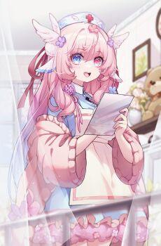 1girl animal_ears apron bird_ears blue_dress blue_eyes blue_hat blurry cardigan ceiling chinese_commentary clipboard collared_dress commentary_request commission cowboy_shot curtains depth_of_field dress flower hair_flower hair_ornament hands_up happy hat heterochromia highres holding holding_clipboard holding_pen indie_virtual_youtuber indoors long_hair nurse nurse_cap off_shoulder open_cardigan open_clothes open_mouth pen picture_frame pink_hair red_eyes second-party_source see-through_curtains shelf smile solo standing stuffed_animal stuffed_toy teddy_bear teeth upper_teeth_only vase vera_(vtuber) very_long_hair wavy_hair wing_collar wing_hair_ornament writing yellow_apron yitan_lan_pingguo