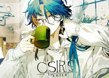 1boy alternate_costume blurry blurry_background clothes_writing commentary_request cup drawstring drinking glasses highres holding holding_cup hood hood_down hoodie indoors kaisei_(nijisanji) long_hair looking_to_the_side male_focus medama_p5 mug nijisanji red_eyes sleeves_past_fingers sleeves_past_wrists solo upper_body virtual_youtuber white_hoodie