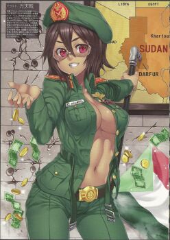 1girl beret breasts brick_wall brown_hair buckle bullet_hole cane cleavage coin dark-skinned_female dark_skin dictator evil_grin evil_smile female_focus genderswap genderswap_(mtf) glasses glint grin hat highres houtengeki map mc_axis medium_breasts military military_uniform moire money navel omar_al-bashir omar_hasan_ahmad_al-bashir open_clothes open_shirt red_eyes scan shirt smile solo sudan translation_request