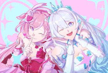 2girls ;) ;o beret blue_eyes blue_hair breasts commentary diamond-shaped_pupils diamond_(shape) dress elysia_(hi_love_elf)_(honkai_impact) elysia_(honkai_impact) english_commentary finger_to_mouth hat honkai_(series) honkai_impact_3rd kiana_kaslana kiana_kaslana_(ba-dum!_fiery_wishing_star) kiana_kaslana_(wintery_wishes) large_breasts long_hair mscheckacheck multicolored_hair multiple_girls one_eye_closed pink_hair purple_eyes red_dress shushing smile star-shaped_pupils star_(symbol) symbol-shaped_pupils tiara two-tone_hair very_long_hair white_dress white_hair