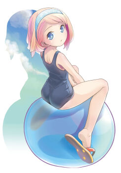 1girl absurdres arms_between_legs ass ball bare_shoulders barefoot blue_eyes blue_headband dot_nose exercise_ball expressionless flip-flops full_body headband highres looking_at_viewer looking_back on_ball one-piece_swimsuit original pink_hair pop_(electromagneticwave) sandals school_swimsuit shiny_skin short_hair shoulder_blades silhouette simple_background sitting sitting_on_ball slippers solo swept_bangs swimsuit white_background