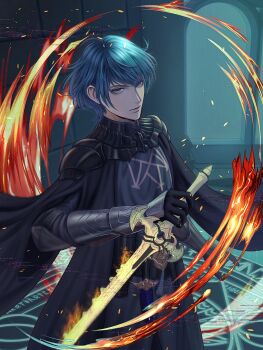 1boy arm_up black_cape black_gorget blue_eyes cape closed_mouth commentary cowboy_shot english_commentary fire fire_emblem fire_emblem:_three_houses gorget green_hair hair_between_eyes highres holding holding_sword holding_weapon indoors looking_at_viewer male_byleth_(fire_emblem) male_focus nintendo solo sword sword_of_the_creator weapon wrainbow13