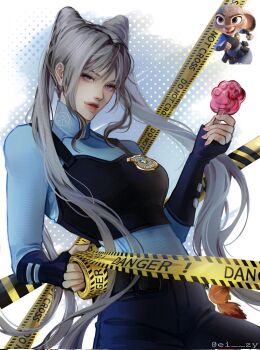 Rule 34 | 1girl, aegyo sal, aqua shirt, blue eyes, blue pants, blue vest, candy, cone hair bun, double bun, ei zy, food, grey hair, hair bun, hair ears, holding, holding candy, holding food, humanization, jacket, judy hopps, long hair, looking at viewer, nose, pants, parted bangs, police, police badge, police uniform, policewoman, shirt, solo, very long hair, vest, zootopia