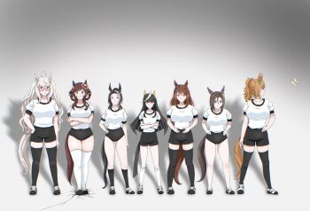 6+girls ahoge air_groove_(umamusume) alternate_costume animal_ears biwa_hayahide_(umamusume) black_buruma black_hair braid braided_hair_rings breasts brown_hair buruma calstone_light_o_(umamusume) commentary_request crossed_arms ear_covers full_body gentildonna_(umamusume) glasses grey_hair gym_uniform hair_between_eyes hair_ornament hair_rings highres horse_ears horse_girl horse_tail large_breasts long_hair looking_at_viewer mejiro_ramonu_(umamusume) multicolored_hair multiple_girls osage_gankyou red-framed_eyewear red_eyes semi-rimless_eyewear short_hair simple_background standing super_creek_(umamusume) taiki_shuttle_(umamusume) tail umamusume under-rim_eyewear white_hair yellow_eyes