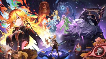 4boys 5girls absurdres aether_(genshin_impact) black_bodysuit black_coat black_hair blonde_hair bodysuit braid breasts brown_pants brown_shirt capelet capitano_(genshin_impact) chasca_(genshin_impact) coat commentary_request earrings fire fur_trim genshin_impact hair_between_eyes highres holding holding_sword holding_weapon hoyofair iansan_(genshin_impact) jewelry kinich_(genshin_impact) long_hair long_sleeves looking_at_viewer mask mavuika_(genshin_impact) medium_breasts mualani_(genshin_impact) multicolored_hair multiple_boys multiple_girls orange_eyes orange_hair ororon_(genshin_impact) pants ppot ronova_(genshin_impact) shirt smile sword tepetlisaurus_(genshin_impact) very_long_hair weapon white_capelet xilonen_(genshin_impact)