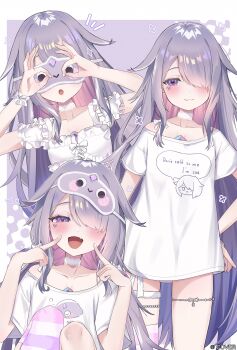 Rule 34 | 1girl, absurdres, castellayaki, chest jewel, commentary, dress, english commentary, eye mask, gem, grey hair, highres, hololive, hololive english, jewel under eye, koseki bijou, koseki bijou (pebble pajamas), long hair, mask, multicolored hair, open mouth, pebble (koseki bijou), pink hair, purple hair, shirt, sleeping, smile, striped clothes, striped thighhighs, t-shirt, thighhighs, virtual youtuber