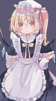 1girl alternate_costume apron black_dress blonde_hair bow bowtie commentary_request crystal crystal_wings dress enmaided flandre_scarlet gloves grey_background hand_on_own_hip hat hiyuu_(hiyualice) looking_at_viewer maid maid_apron mob_cap one_side_up red_eyes short_sleeves simple_background solo touhou white_apron white_gloves white_hat wings yellow_bow yellow_bowtie