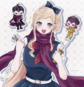 1girl 2boys adjusting_scarf beanie belt black_boots black_bow black_hair black_hat black_jacket black_pants blonde_hair blue_eyes blush boots bow braid chibi chibi_inset commentary_request covered_mouth danganronpa_(series) danganronpa_2:_goodbye_despair dress drop_shadow eyelashes flying_sweatdrops green_dress grey_eyes hair_bow hat heart heterochromia highres holding holding_screwdriver holding_wrench jacket jumpsuit ki_27ro long_hair long_sleeves multiple_boys nose_blush open_clothes open_jacket open_mouth outline pants pink_eyes pink_hair purple_eyes purple_scarf red_bow scar scar_across_eye scar_on_face scarf scarf_over_mouth screwdriver sharp_teeth shoes short_hair short_sleeves sidelocks single_braid smile soda_kazuichi sonia_nevermind standing tanaka_gundham teeth upper_teeth_only white_belt white_outline wrench yellow_jumpsuit yellow_shoes