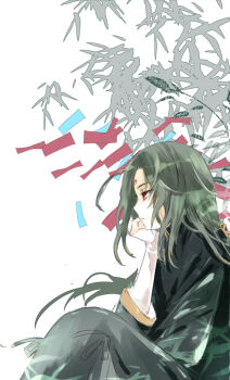 1boy alternate_hair_color commentary_request facial_mark fire_emblem fire_emblem:_path_of_radiance forehead_mark green_hair head_rest long_hair male_focus mana_(tonyandtony) nintendo profile red_eyes solo soren_(fire_emblem) tanabata tanzaku