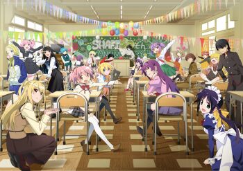 4boys 6+girls absurdres adjusting_eyewear andou_mahoro anniversary arakawa_under_the_bridge araragi_koyomi arashiyama_sayoko arm_up arms_up assault_lily balloon bishounen_series black_skirt black_thighhighs blonde_hair blue_hair blush_stickers book brown_eyes brown_hair brown_skirt chair classroom commentary_request company_connection crossover desk donut ef_(visual_novel) fate/extra fate/extra_last_encore fate_(series) food glasses green_skirt hair_ornament hazuki_(tsukuyomi) hidamari_sketch highres hitotsuyanagi_riri holding holding_book holding_donut holding_food indoors itoshiki_nozomu juliet_sleeves jumping kaname_madoka key_visual kirisaki_chitoge kiriyama_rei kishinami_hakuno_(male) kusagakure_satoko loafers long_hair long_sleeves looking_at_viewer looking_back mahoromatic mahou_sensei_negima! mahou_shoujo_madoka_magica maria_holic monogatari_(series) multiple_boys multiple_crossover multiple_girls natsu_no_arashi! negi_springfield ninja_to_koroshiya_no_futarigurashi nino_(arakawa) nisekoi official_art on_chair on_desk one_side_up orange_eyes orange_scarf oshino_shinobu outstretched_arm pani_poni_dash! pants pennant pink_eyes pink_hair pink_shirt plaid_clothes plaid_skirt pleated_skirt promotional_art puffy_sleeves purple_hair rebecca_miyamoto sangatsu_no_lion sayonara_zetsubou_sensei scarf school_chair school_desk school_uniform second-party_source senjougahara_hitagi shaft_(company) shidou_mariya shindou_chihiro shirt shoes short_hair short_sleeves short_twintails side_ponytail sitting skirt smile soutouin_manabu squatting string_of_flags striped_clothes striped_pants thighhighs trap tsukuyomi_moonphase twintails watanabe_akio white_shirt white_thighhighs window x_hair_ornament yuno_(hidamari_sketch)